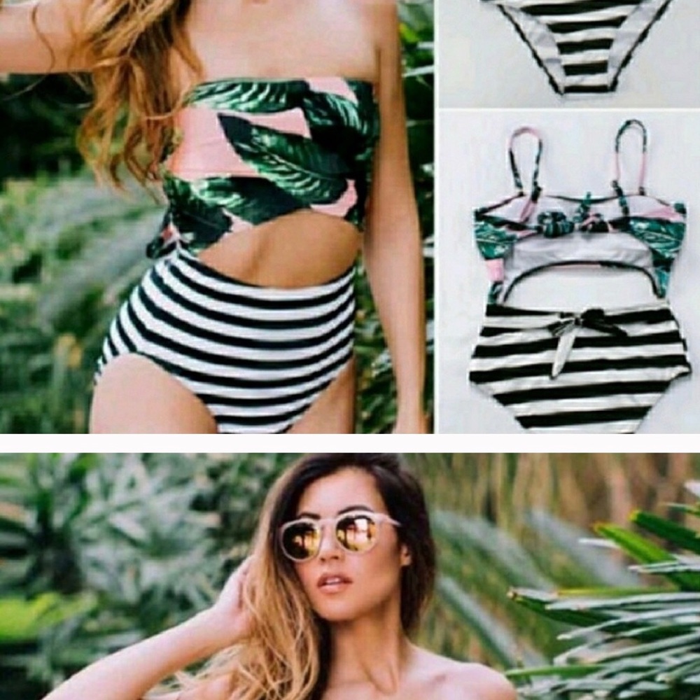 Tropical striped & floral monokini